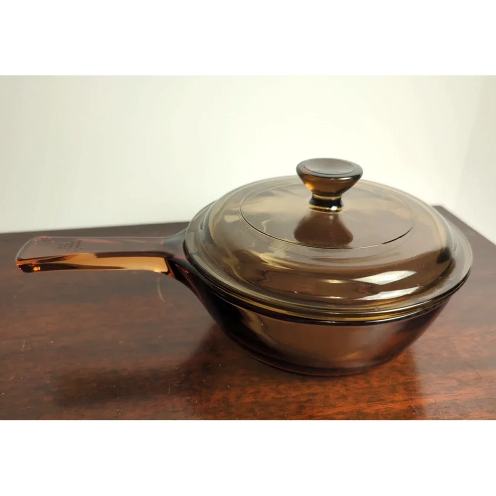 Visions Corning Amber Pyrex Glass 0.5L Sauce Pan Pot with Lid USA Vintage